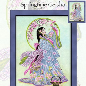 Könnte beinhalten: Stickmuster mit einer Geisha in einem blauen und rosafarbenen Kimono, die einen Korb mit Blumen hält. Das Muster trägt den Titel "Springtime Geisha" und stammt von Joan Elliott Design. Die Stichzahl beträgt 171b x 229h. Die fertige Größe des Musters beträgt 31 cm x 41 cm.