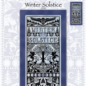 May include: Black and white cross stitch pattern for Winter Solstice. The design features a tree with a bird, a deer, and other woodland creatures. The stitch count is 138 wide by 318 high. The finished design area is 10 inches wide by 23 inches high.