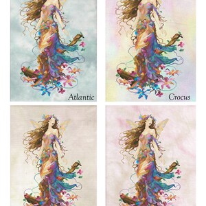 May include: A colorful illustration of a fairy with flowing hair and wings, standing on a tree stump surrounded by flowers. The background is a soft, pastel gradient.