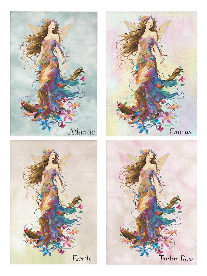 May include: A colorful illustration of a fairy with flowing hair and wings, standing on a tree stump surrounded by flowers. The background is a soft, pastel gradient.
