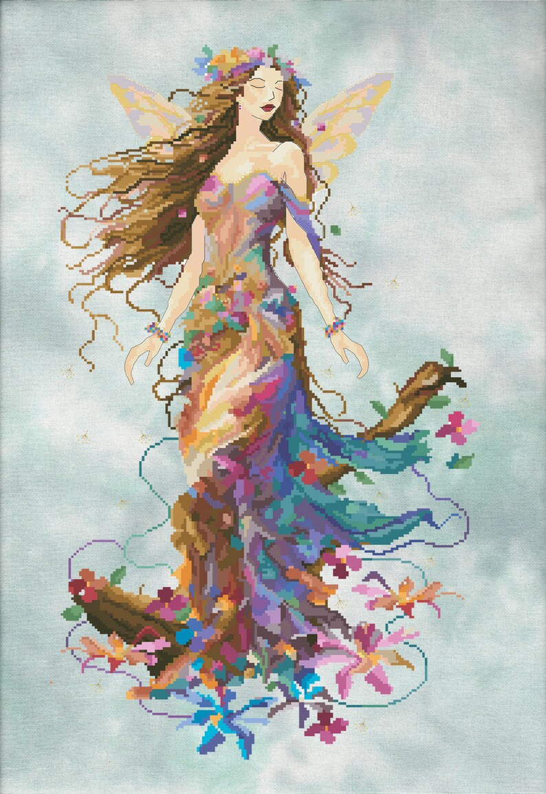 May include: A colorful fairy with long brown hair and a floral crown stands on a tree stump with flowers blooming around her. She has delicate wings and a flowing dress with a gradient of colors.