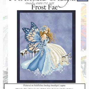 May include: A cross-stitch chart named "Frost Fae" by Polstitches Designs. The design depicts a fairy with blue butterfly wings, a blue and white dress, and blonde hair. The image includes the designer's name, contact details, and website.