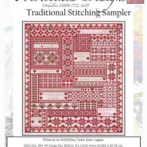 May include: A cross-stitch sampler in red and burgundy, with various patterns and text, including "Keep Calm and Cross Stitch" and "Threads are the Ties That Bind Us." Design size is 30.48cm x 84.11cm.