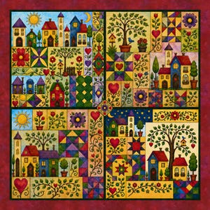 May include: A multi-panelled quilt fabric print featuring a vibrant folk art scene with colourful houses, blooming flowers, green trees, and red hearts. The design includes geometric quilt block patterns, a bright yellow sun, and a dark night sky.