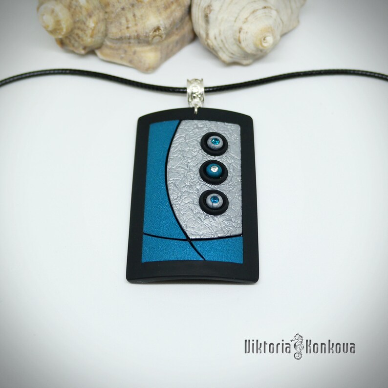 Geometric jewelry set \u2022 Statement necklace with earrings \u2022 Minimalist necklace with rhinestones \u2022 Blue silver pendant \u2022 Red gold pendant