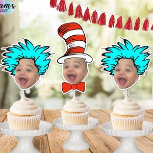 Dr. Seuss inspired inspired, Red and White photo cupcake toppers, thing one thing two image 2