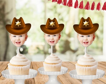 Personalized cowboy, western photo cupcake toppers, birthday party decor hat, cupcake toppers