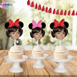 Op Minnie Mouse geïnspireerde cupcaketoppers, desserttoppers, foto-cupcaketoppers, Minnie-oren, uitsnede fotogezicht