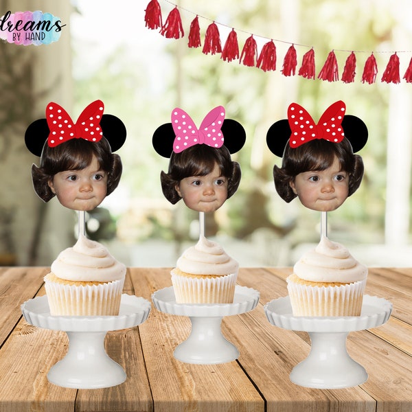 Adornos de cupcakes inspirados en Minnie Mouse, adornos de postre, adornos de cupcakes fotográficos, orejas de Minnie, recorte de cara fotográfica