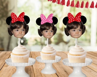 Minnie Mouse inspired cupcake toppers, dessert toppers, photo cupcake toppers, Minnie ears, photo face cutout