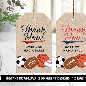 Printable Sports Thank You Tags: Birthday Party Favors (Digital Download)
