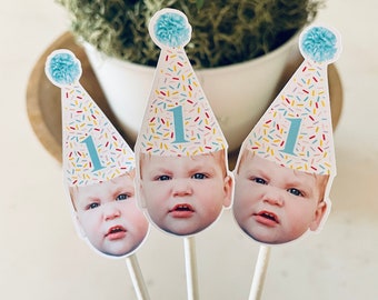 Custom face cupcake toppers, dessert toppers, photo cupcake toppers, birthday hat, milestone, photo face cutout, sprinkles cake toppers