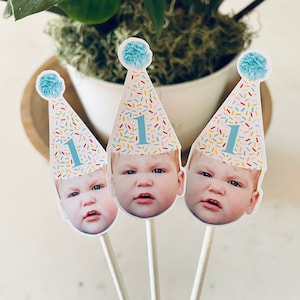 Custom face cupcake toppers, dessert toppers, photo cupcake toppers, birthday hat, milestone, photo face cutout, sprinkles cake toppers