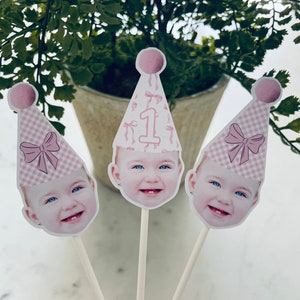 Custom Face Cupcake Toppers: Pink Bow Birthday Party Decor