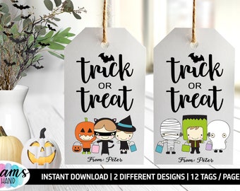 Può includere: Etichette di dolcetto o scherzetto di Halloween stampabili con due design diversi. Ogni etichetta presenta un simpatico personaggio dei cartoni animati vestito con un costume di Halloween. Il testo sulle etichette recita "trick or treat" e "From: Peter".