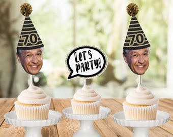 Adornos personalizados para cupcakes de cumpleaños importantes: cara con foto y sombrero de fiesta