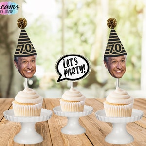 Milestone face cupcake toppers, birthday hat photo cupcake toppers, 30th, 40th, 50th, 60th, 70th birthday cutout, funny hat cake toppers