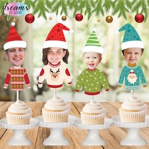 Personalized Christmas Photo Cupcake Toppers, Ugly Sweater Cupcakes, Santa hat, Christmas Decor, Holidays Party Decor
