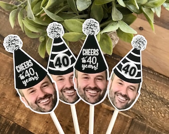 Milestone face cupcake toppers, birthday hat photo cupcake toppers, 30th, 40th, 50th, 60th, 70th birthday cutout, funny hat cake toppers