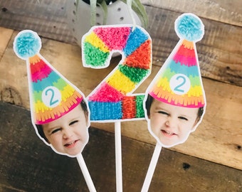 Fiesta Pinata Party Hat, Photo cupcake Topper, Custom Face Cupcake Toppers, Birthday Hat