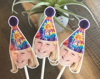 Tie Dye Party Decorations, Tie Dye Cupcake Toppers, Tie Dye Party, Vsco Girl Party Decor, Face Cupcake Toppers