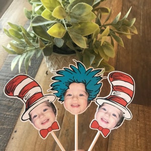 Dr. Seuss inspired inspired, Red and White photo cupcake toppers, thing one thing two image 1