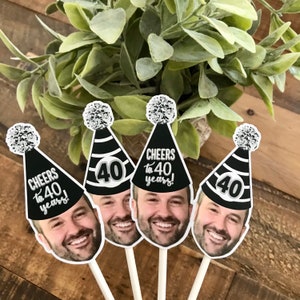 Milestone face cupcake toppers, birthday hat photo cupcake toppers, 30th, 40th, 50th, 60th, 70th birthday cutout, funny hat cake toppers