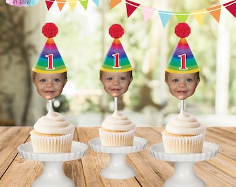 Regenbogen Geburtstag Foto Cupcake Toppers: Benutzerdefinierte Partyhüte, Set von 12