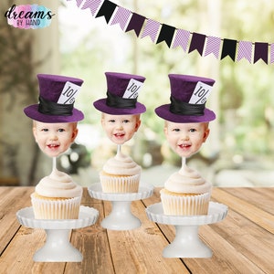 Mad Hatter inspired face cupcake toppers, Alice in Wonderland,  Top Hat cupcake toppers, photo toppers