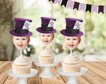 Mad Hatter inspired face cupcake toppers, Alice in Wonderland,  Top Hat cupcake toppers, photo toppers