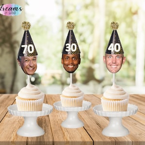Milestone face cupcake toppers, birthday hat photo cupcake toppers, 30th, 40th, 50th, 60th, 70th birthday cutout, funny hat cake toppers