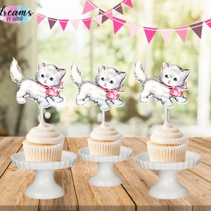Vintage Kitten Cupcake Toppers: Cat Birthday Party Decorations