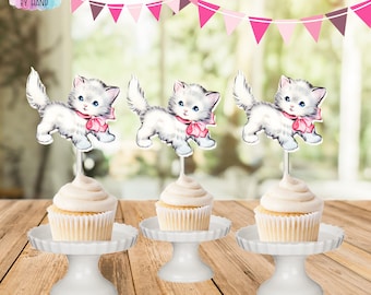 Vintage Cat Cupcake Topper, Kitten Theme Birthday Picks, Kitty Cat Party Decorations, First Birthday Party