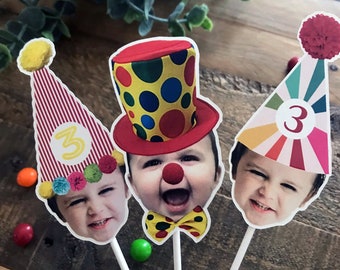 Circus Photo Cupcake Toppers, Party Hat Cupcake Toppers, Under the Big Top, Carnival, First Birthday Toppers