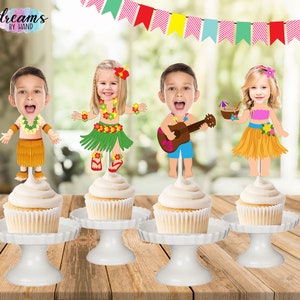 Luau Birthday Party, Hawaiin Photo Cupcake Toppers, Cute Hula Girl Topper, Hula Girl Cake Topper, Hula Face Cupcake Toppers