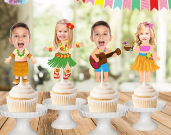 Luau Birthday Party, Hawaiin Photo Cupcake Toppers, Cute Hula Girl Topper, Hula Girl Cake Topper, Hula Face Cupcake Toppers