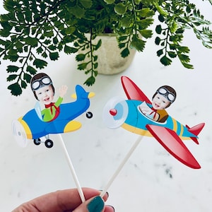 Retro Airplane photo cupcake toppers, pilot cupcake toppers, photo cupcake toppers, photo face cutout, personalized