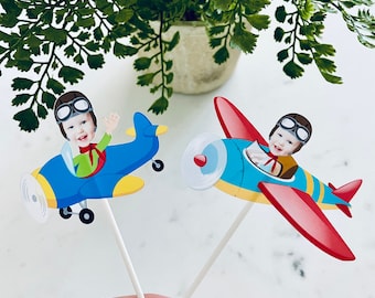 Personalized Airplane Photo Cupcake Toppers - Set of 12