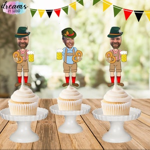 THE ORIGINAL German Guy face cupcake toppers, Oktoberfest photo cupcake toppers, birthday cutout, funny hat cake toppers, Lederhosen Man