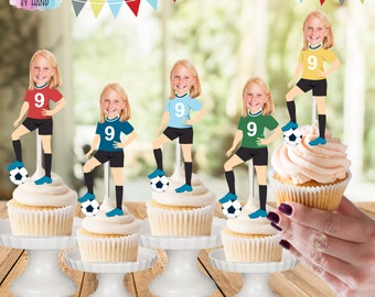 Custom girls soccer photo cupcake toppers, soccer birthday party, photo soccer toppers, soccer decor, cupcake toppers