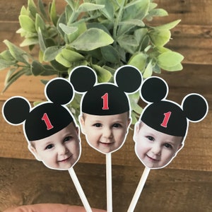 Mickey Mouse inspired cupcake toppers, dessert toppers, photo cupcake toppers, Mickey ears, photo face cutout