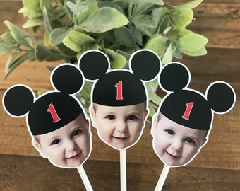 Mickey Mouse inspired cupcake toppers, dessert toppers, photo cupcake toppers, Mickey ears, photo face cutout