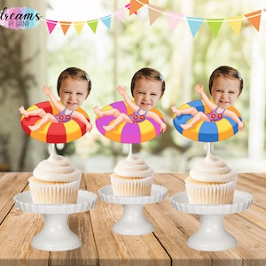 Pool Party Photo Cupcake Toppers: Summer Birthday Decorations