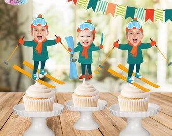 SKI Photo Cupcake Topper, Skiing face cupcake toppers, boys party cupcake toppers, photo face cutout, personalized,