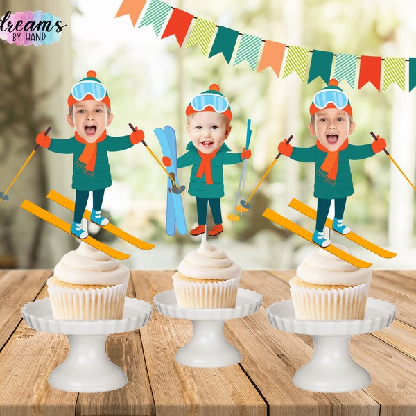 SKI Photo Cupcake Topper, Skiing face cupcake toppers, boys party cupcake toppers, photo face cutout, personalized,