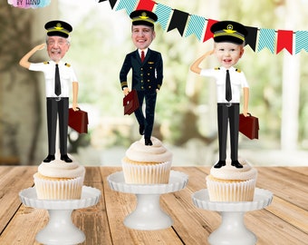 Pilot Cupcake Toppers, Airplane Cupcake Toppers, aviator cupcake toppers, photo cupcake toppers, photo face cutout, pilot cap