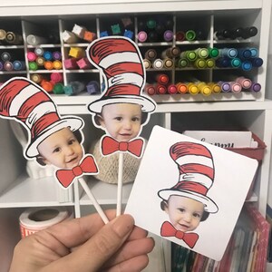 Dr. Seuss inspired inspired, Red and White photo cupcake toppers, thing one thing two image 5