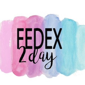 May include: A watercolor background with a rainbow of colors, including pink, purple, blue, and green. The text "FEDEX 2 day" is written in black on the background.