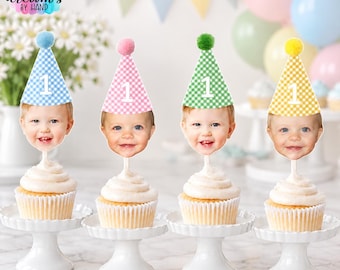 Gingham Print Face Cupcake Toppers, Gingham Party Hats