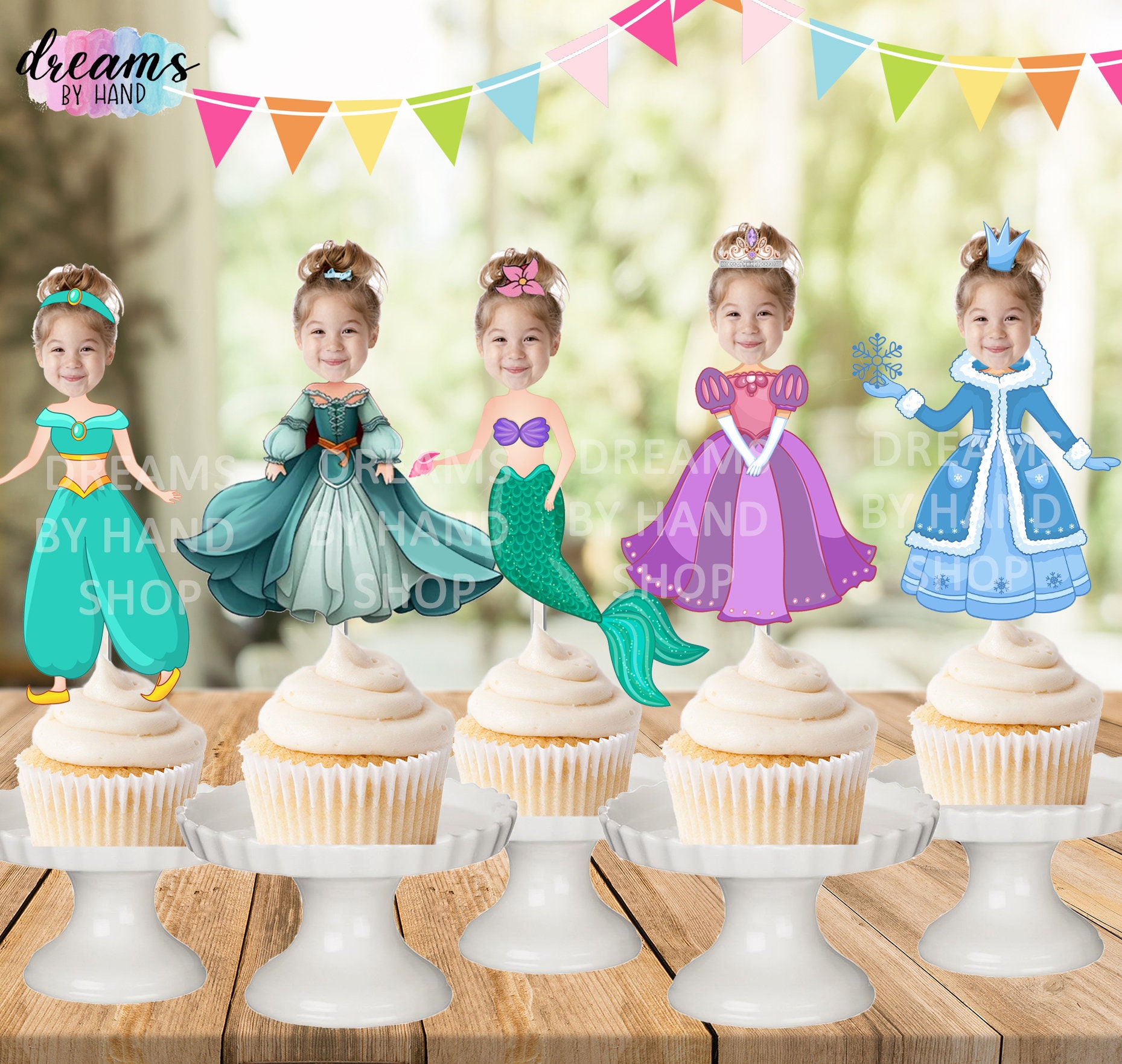 THE ORIGINAL Custom Photo Princess Cupcake Toppers, Personalised Face Cupcake Toppers,  Princess Party Decor